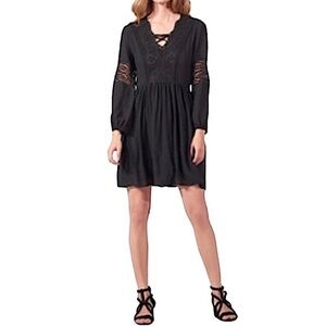 SANDRO PARIS LACE PANEL LONG SLEEVE V-NECK MINI DRESS